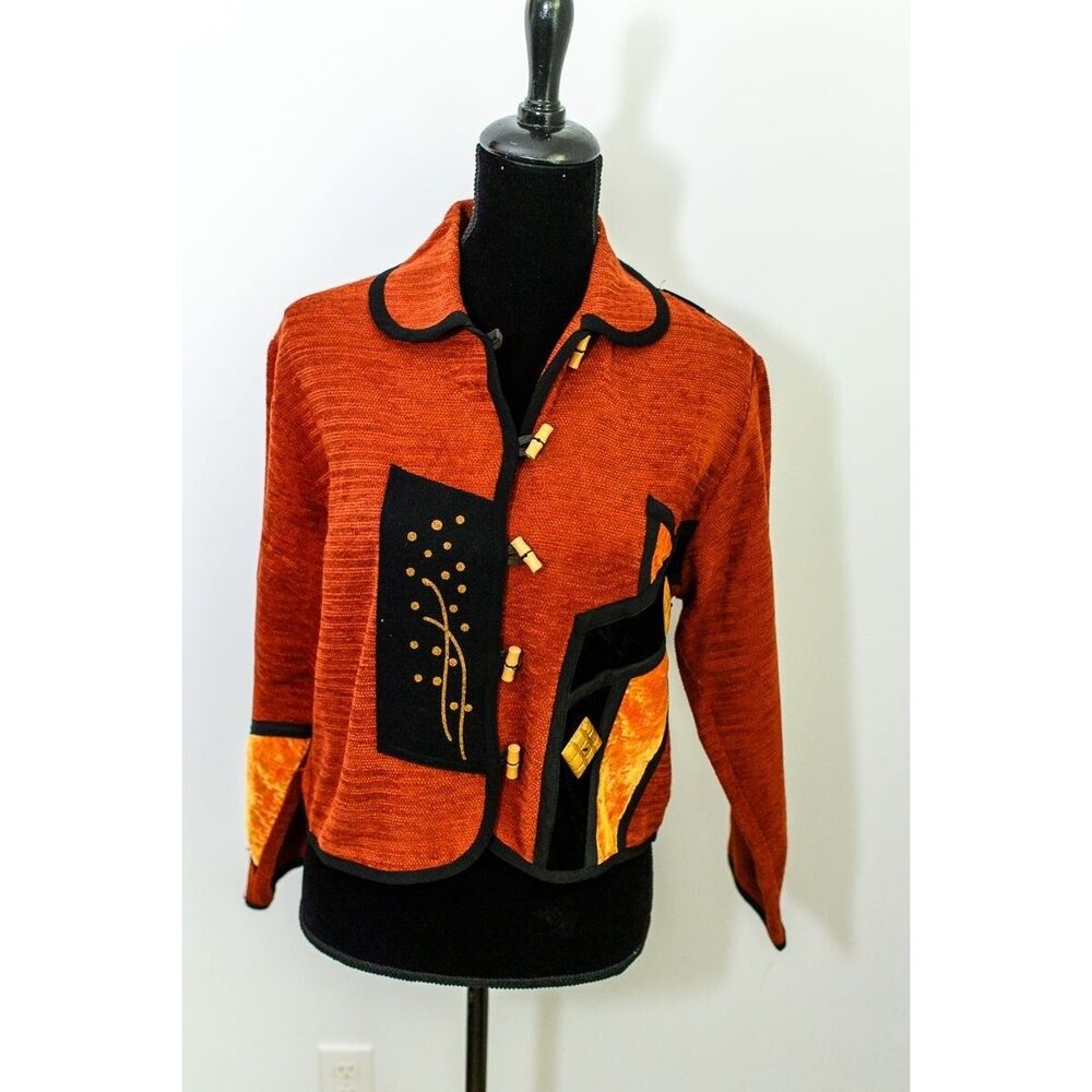 VTG Alissa Womens Chenille Cardigan Jacket XS Red & Black artsy art to wear